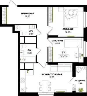 3-к квартира, строящийся дом, 66м2, 20/25 этаж