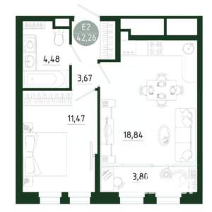 1-к квартира, строящийся дом, 42м2, 8/25 этаж