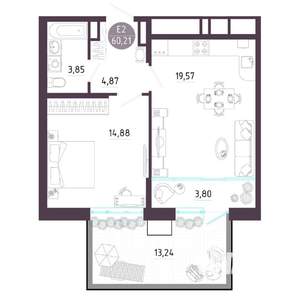 2-к квартира, строящийся дом, 60м2, 1/10 этаж