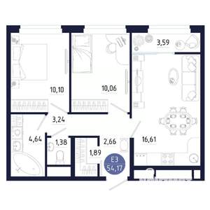2-к квартира, вторичка, 54м2, 10/25 этаж