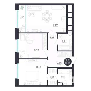 2-к квартира, строящийся дом, 70м2, 6/8 этаж