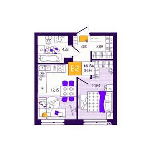 1-к квартира, вторичка, 34м2, 10/12 этаж