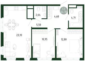 2-к квартира, строящийся дом, 64м2, 13/25 этаж