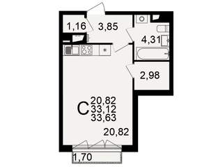 1-к квартира, строящийся дом, 33м2, 2/18 этаж