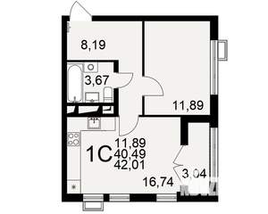 1-к квартира, вторичка, 42м2, 12/16 этаж