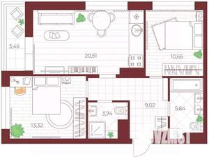 2-к квартира, сданный дом, 62м2, 13/14 этаж