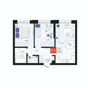 2-к квартира, вторичка, 50м2, 2/19 этаж