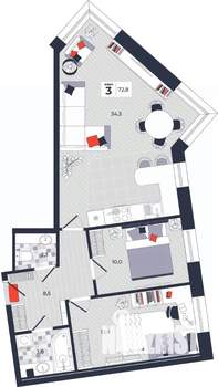 3-к квартира, строящийся дом, 73м2, 2/14 этаж