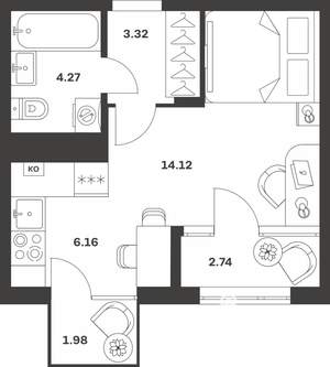 Студия квартира, вторичка, 33м2, 4/4 этаж