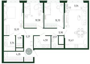 3-к квартира, строящийся дом, 86м2, 10/25 этаж