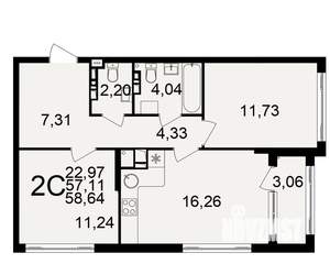 2-к квартира, строящийся дом, 57м2, 7/20 этаж