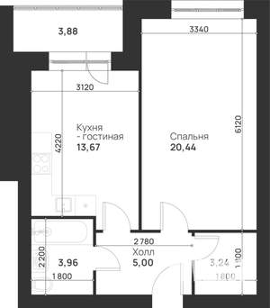 1-к квартира, вторичка, 50м2, 1/5 этаж