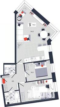 3-к квартира, строящийся дом, 72м2, 10/14 этаж