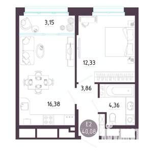 1-к квартира, строящийся дом, 40м2, 10/10 этаж