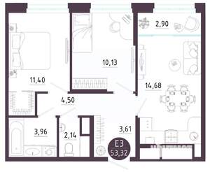 2-к квартира, вторичка, 53м2, 3/10 этаж
