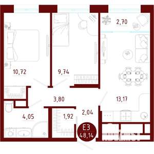 2-к квартира, вторичка, 48м2, 2/10 этаж