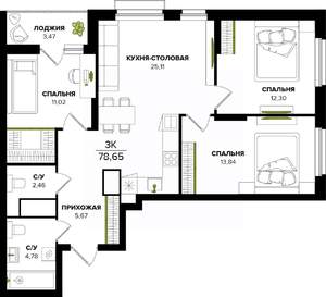 3-к квартира, вторичка, 79м2, 20/25 этаж