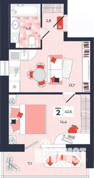 2-к квартира, строящийся дом, 43м2, 2/14 этаж