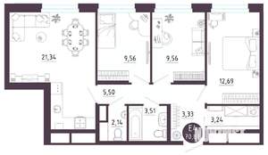 3-к квартира, вторичка, 71м2, 2/10 этаж
