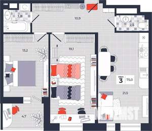 3-к квартира, строящийся дом, 75м2, 12/14 этаж