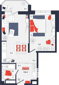 2-к квартира, строящийся дом, 55м2, 13/14 этаж