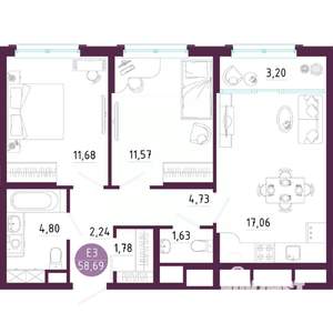 2-к квартира, вторичка, 59м2, 7/10 этаж