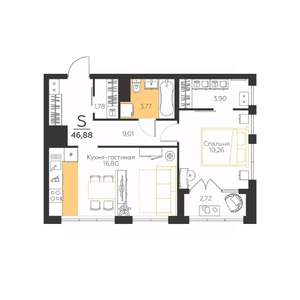 1-к квартира, строящийся дом, 47м2, 3/5 этаж