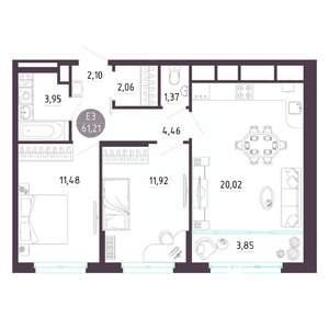 2-к квартира, строящийся дом, 61м2, 2/10 этаж