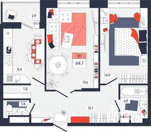 2-к квартира, строящийся дом, 64м2, 12/14 этаж