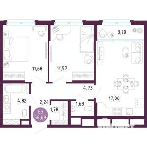 2-к квартира, вторичка, 59м2, 3/10 этаж