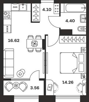 1-к квартира, вторичка, 43м2, 4/15 этаж