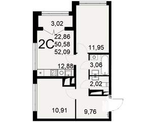 2-к квартира, строящийся дом, 51м2, 6/25 этаж