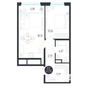1-к квартира, строящийся дом, 48м2, 7/8 этаж