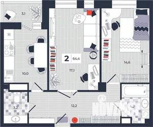 2-к квартира, строящийся дом, 64м2, 5/14 этаж
