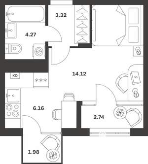 Студия квартира, вторичка, 33м2, 2/4 этаж