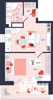 2-к квартира, строящийся дом, 42м2, 12/14 этаж