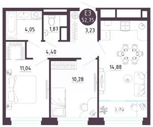 2-к квартира, вторичка, 53м2, 9/10 этаж