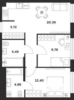2-к квартира, строящийся дом, 57м2, 1/25 этаж
