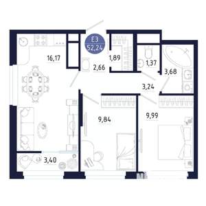 2-к квартира, строящийся дом, 52м2, 24/25 этаж