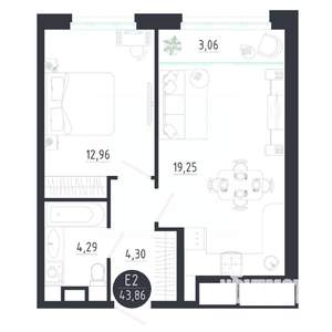 1-к квартира, строящийся дом, 44м2, 2/8 этаж