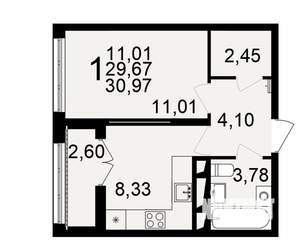 1-к квартира, строящийся дом, 30м2, 9/18 этаж