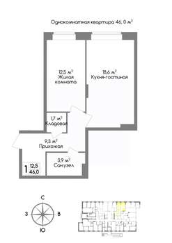 1-к квартира, вторичка, 46м2, 1/11 этаж