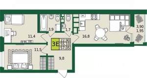 3-к квартира, строящийся дом, 57м2, 2/9 этаж