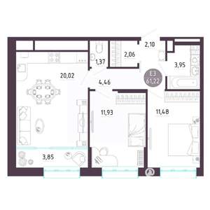 2-к квартира, вторичка, 61м2, 3/10 этаж