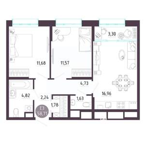 2-к квартира, вторичка, 59м2, 2/10 этаж