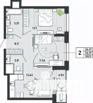 2-к квартира, вторичка, 59м2, 10/21 этаж