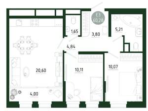 2-к квартира, строящийся дом, 60м2, 22/25 этаж