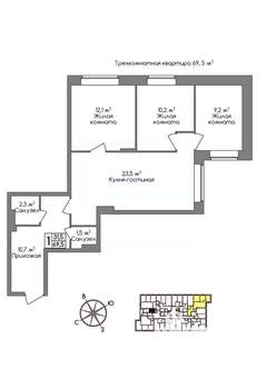 3-к квартира, вторичка, 70м2, 3/11 этаж