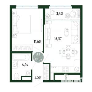 1-к квартира, строящийся дом, 39м2, 22/25 этаж