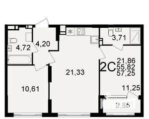 2-к квартира, строящийся дом, 56м2, 1/20 этаж